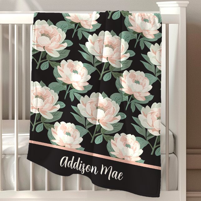 Blush Pink And Black Peonies Floral Girl Baby Blanket (Creator Uploaded)