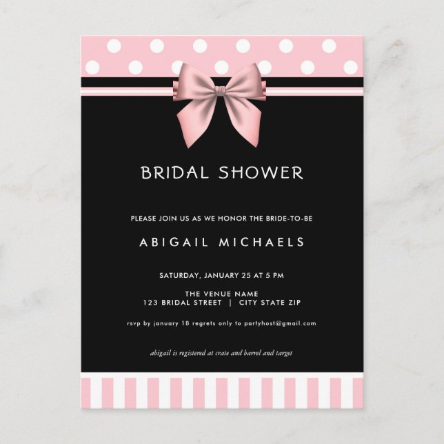 Blush Pink and Black Polka Dot Bridal Shower Invitation Postcard (Front)