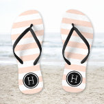 Blush Pink and Black Preppy Stripes Monogram Flip Flops<br><div class="desc">Custom printed flip flop sandals with a preppy nautical stripe pattern and your custom monogram or other text in a circle frame. Click Customize It to change text fonts and colors or add your own images to create a unique one of a kind design!</div>