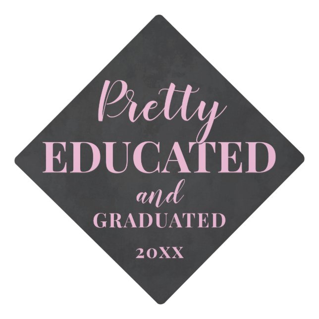 Blush Pink and Black Pretty Educated Graduated Graduation Cap Topper (Front)