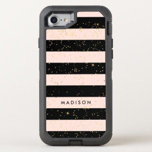 Blush Pink and Black Stripes and Gold Glitter OtterBox Defender iPhone SE/8/7 Case