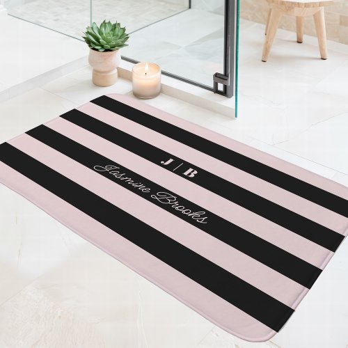 Blush Pink And Black Wide Stripes Monogram Name Bath Mat