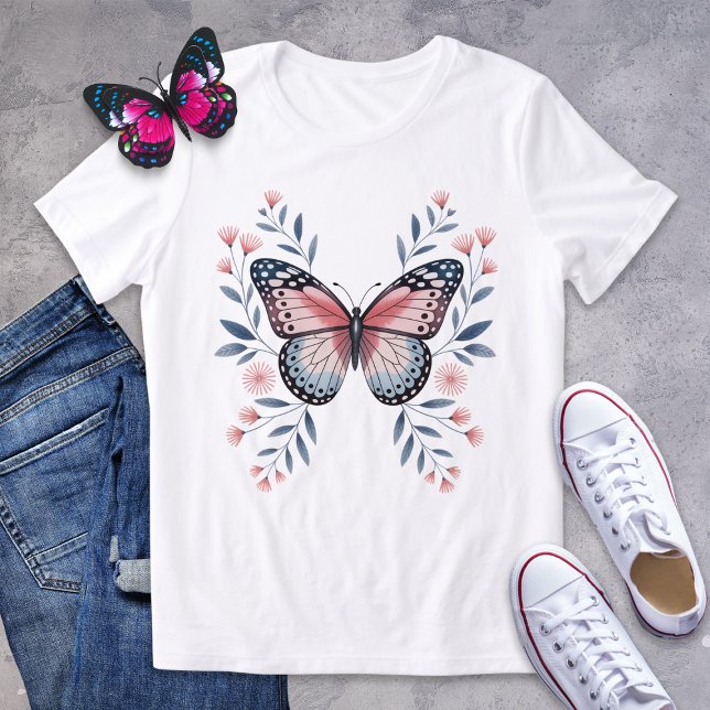 Blush Pink and Blue Butterfly Floral Shirt (Creator Uploaded)
