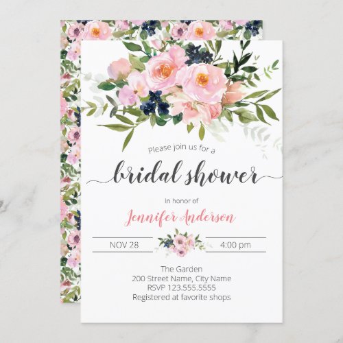 Blush Pink and Blue Floral Bridal Shower Invitation