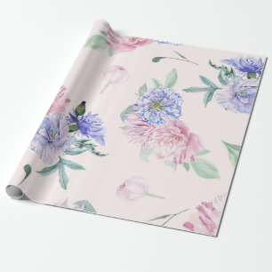 Blush Pink and Blue Floral Watercolor Wrapping Paper