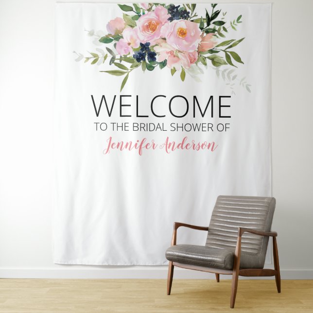 Blush Pink and Blue Floral Welcome Tapestry (In Situ)