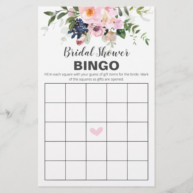 Blush Pink and Blue Flowers Bingo Card Flyer (Front)