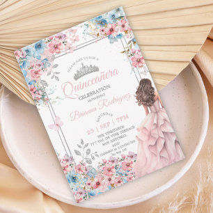 Blush Pink and Blue Silver Floral Quinceañera Invitation