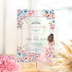 Blush Pink and Blue Tiara Floral Quinceañera Acrylic Invitations