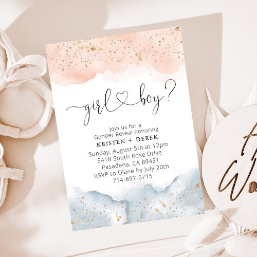 Blush Pink and Blue Watercolor Gender Reveal  Invitation