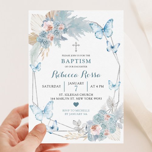 Blush Pink and Boho Blue Butterfly Girl Baptism Invitation