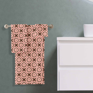 Blush Pink and Brown Boho Chic Geometric Pattern Bath Towel Set