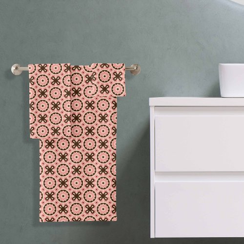 Blush Pink and Brown Boho Chic Geometric Pattern Bath Towel Set