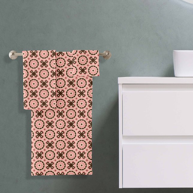 Blush Pink and Brown Boho Chic Geometric Pattern Bath Towel Set (Creator Uploaded)