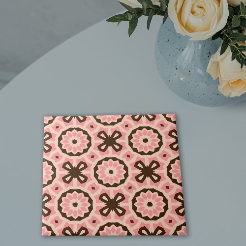 Blush Pink and Brown Boho Chic Geometric Pattern Ceramic Tile