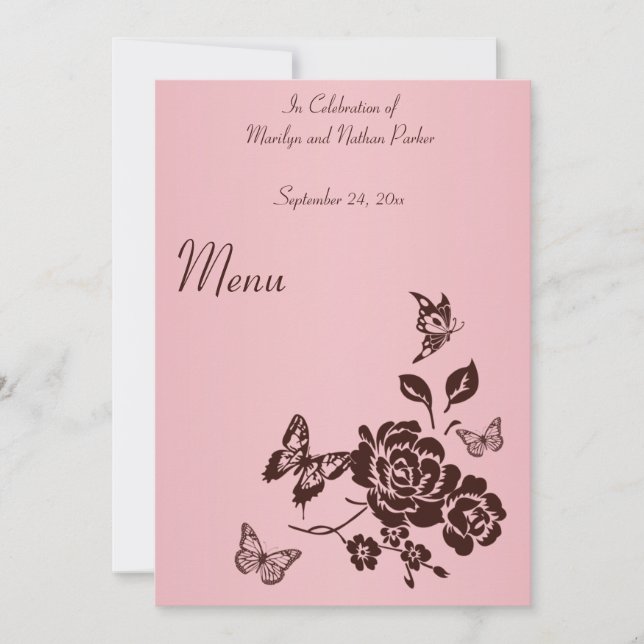 Blush Pink and Brown Flowers and Butterflies Menu Invitation (Front)
