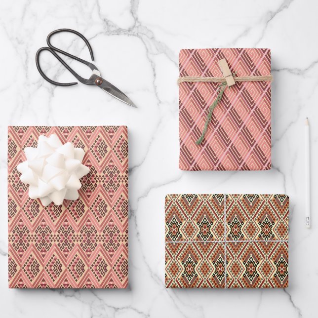 Blush Pink and Brown Geometric Mosaic Wrapping Paper Sheets (Front)