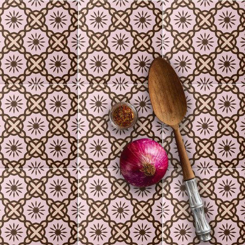 Blush Pink and Brown Mosaic Geometric Pattern Ceramic Tile