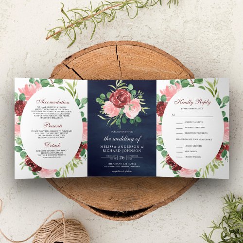 Blush Pink and Burgundy Floral 3 in 1 Navy Wedding Tri_Fold Invitation