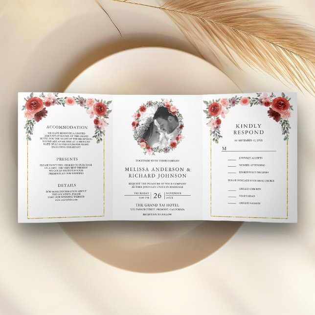  Blush Pink and Burgundy Floral All in One Wedding Tri-Fold Invitation (Creator Uploaded)