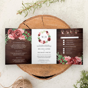 Blush Pink and Burgundy Floral Barn Wood Wedding Tri-Fold Invitation