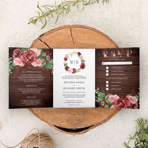 Blush Pink and Burgundy Floral Barn Wood Wedding Tri_Fold Invitation