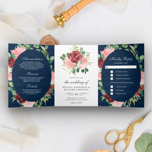 Blush Pink and Burgundy Floral Navy Wood Wedding Tri_Fold Invitation