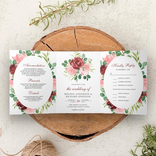 Blush Pink and Burgundy Red Floral 3 in 1 Wedding Tri_Fold Invitation