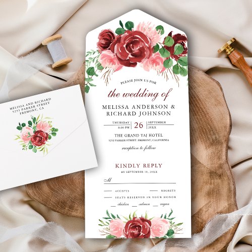 Blush Pink and Burgundy Red Floral Bouquet Wedding All In One Invitation