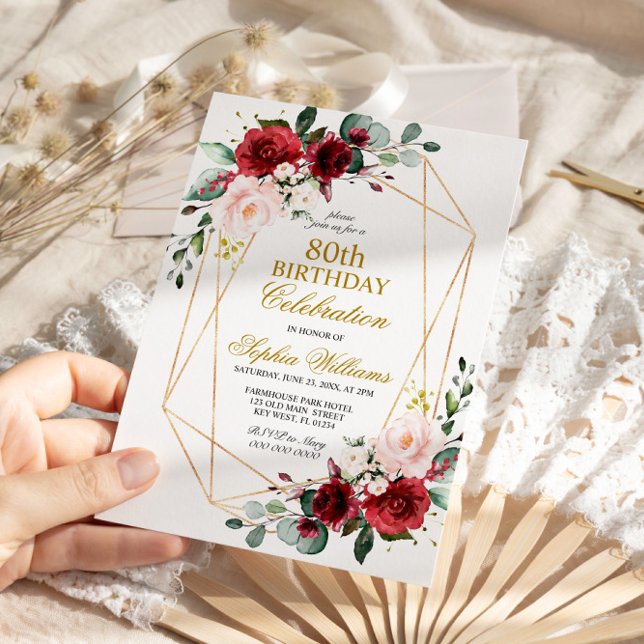 Blush Pink and Burgundy Rose 80 Birthday Invitation (Creator Uploaded)