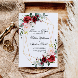 Blush Pink and Burgundy Rose Save the Date Invitation