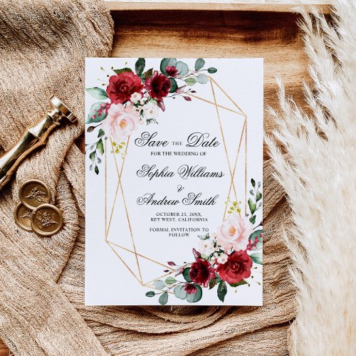 Blush Pink and Burgundy Rose Save the Date Invitation