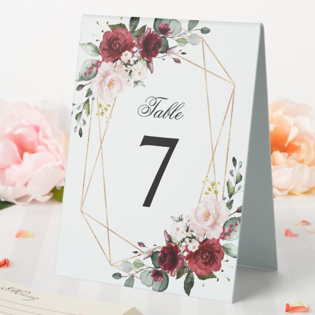 Blush Pink and Burgundy Rose Wedding Number Table Tent (In SItu (Wedding))