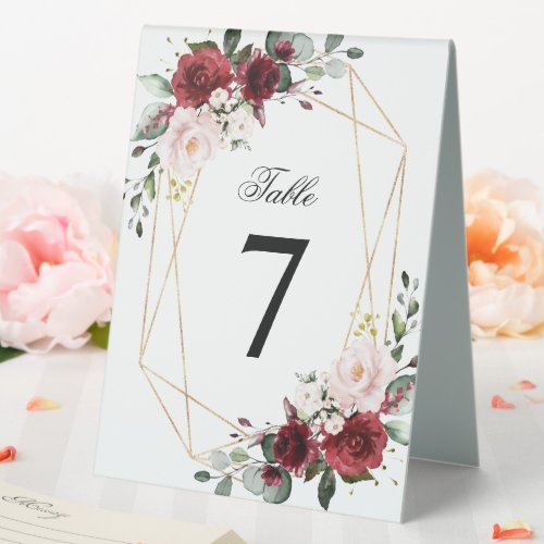 Blush Pink and Burgundy Rose Wedding Number Table Tent Sign