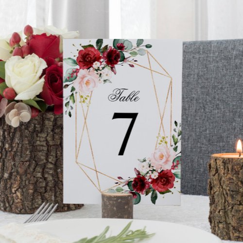 Blush Pink and Burgundy Rose Wedding Table Number