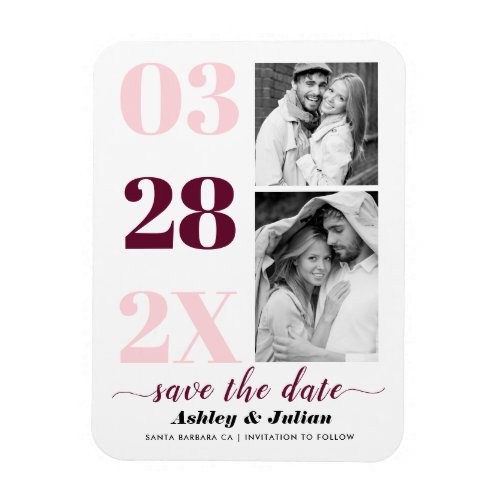 Blush pink and burgundy two photo Save the Date Magnet