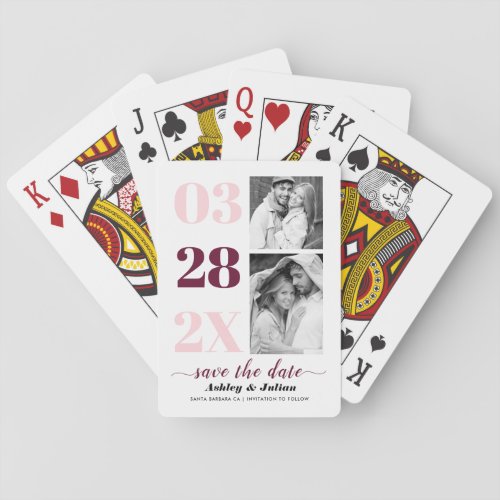 Blush pink and burgundy two photo Save the Date Poker Cards
