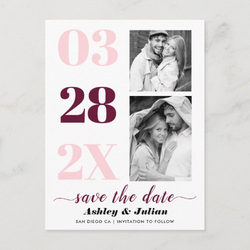 Blush pink and burgundy two photo Save the Date Postcard