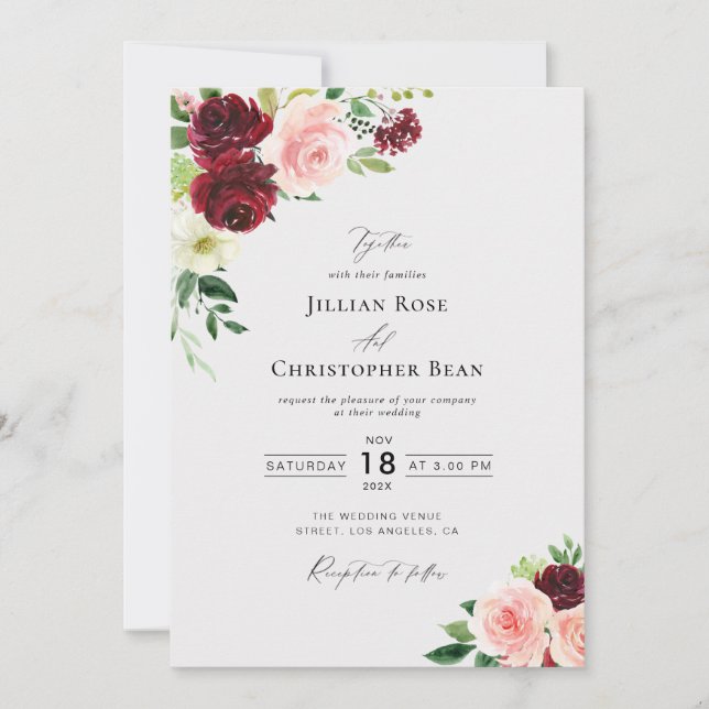 Blush pink and burgundy wedding invitation (Front)