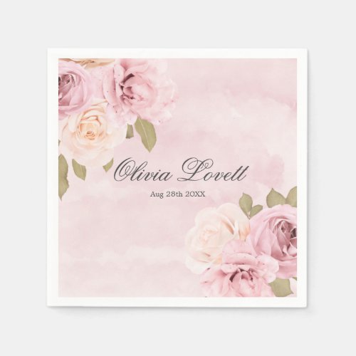 Blush Pink and Cream Roses Chic Bridal Shower Napkins