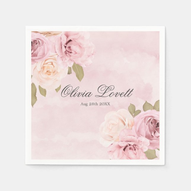 Blush Pink and Cream Roses Chic Bridal Shower Napkins (Front)