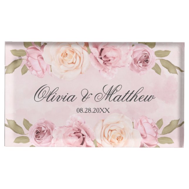 Blush Pink And Cream Roses Wedding Table Number Place Card Holder (Front)