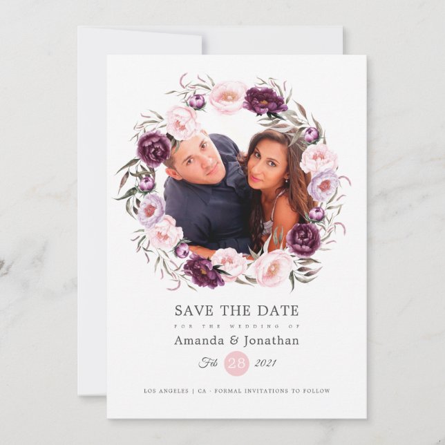 Blush Pink and Deep Velvet Photo Wedding Save The Date (Front)