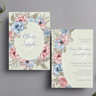 Blush Pink and Dust Blue Floral Wedding Invitation