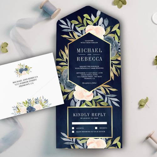 Blush Pink and Dusty Navy Blue Floral Wedding All In One Invitation