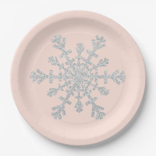 Blush Pink and Faux Glitter Silver Snowflake Paper Plates