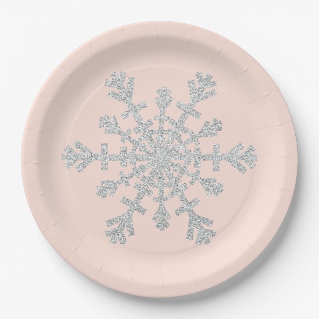 Blush Pink and Faux Glitter Silver Snowflake Paper Plates (Front)