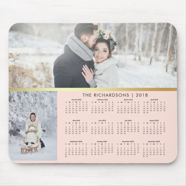 Blush Pink and Faux Gold 2018 Photo Calendar Mouse Pad (Front)