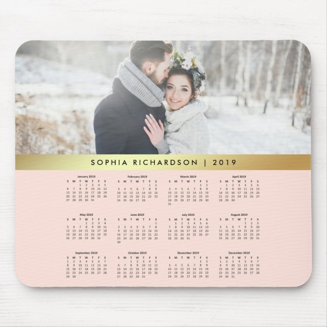 Blush Pink and Faux Gold 2019 Photo Calendar Mouse Pad (Front)