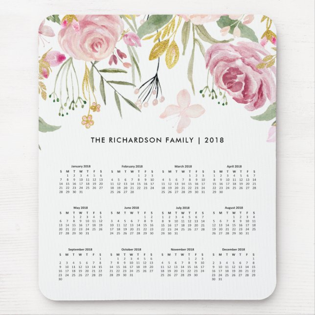 Blush Pink and Faux Gold Flowers | 2018 Calendar Mouse Pad (Front)